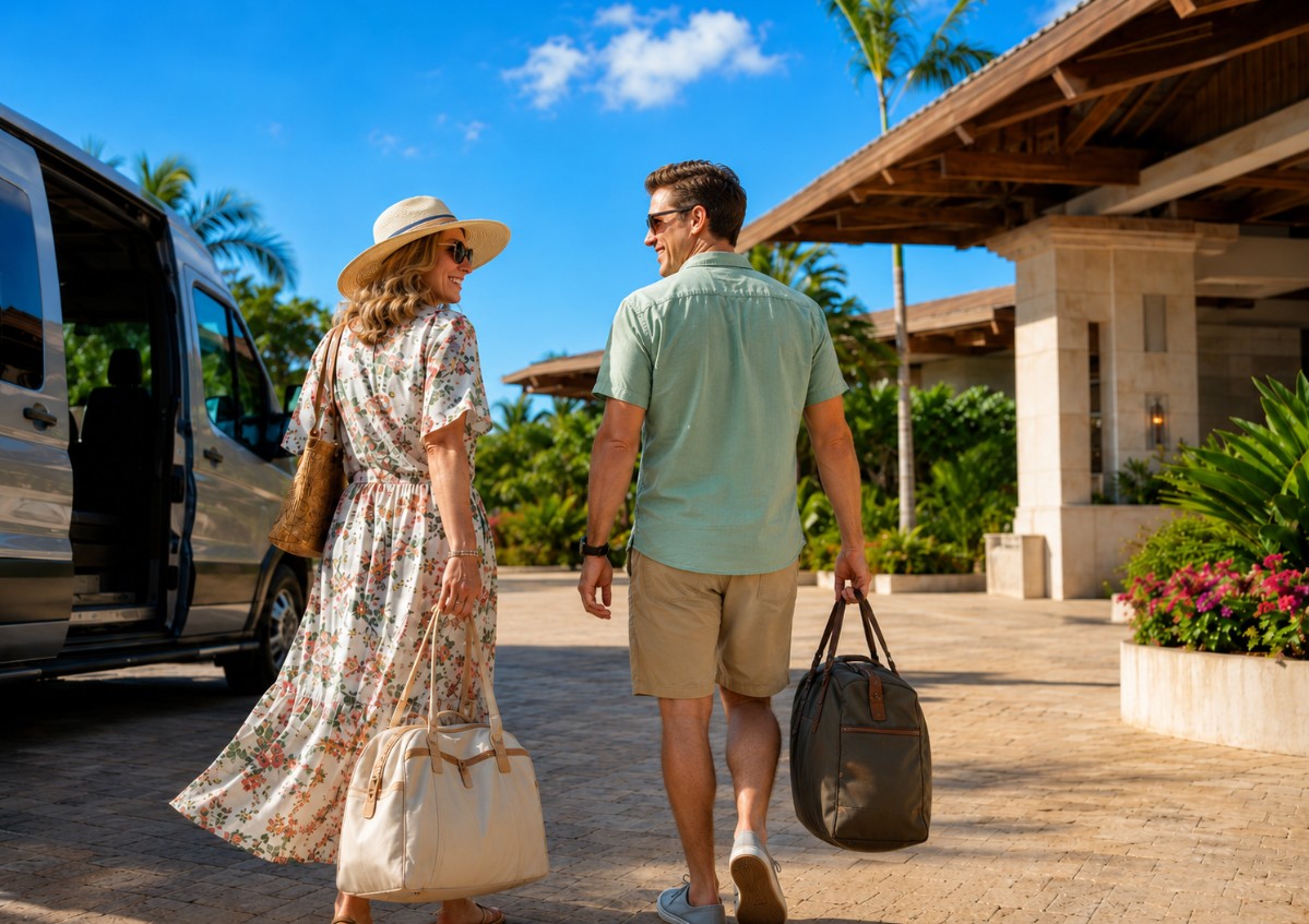 Couple arriving at a sunny resort with luggage after their airport transfer