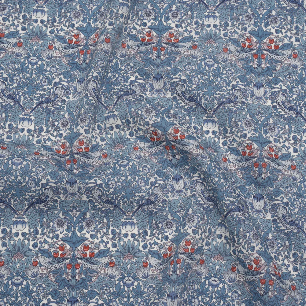 Image of Liberty Fabrics Tana Lawn® - Strawberry Thief Spring Blue - Muted Blue Green, Navy and Red Birds, Berries and Flowers