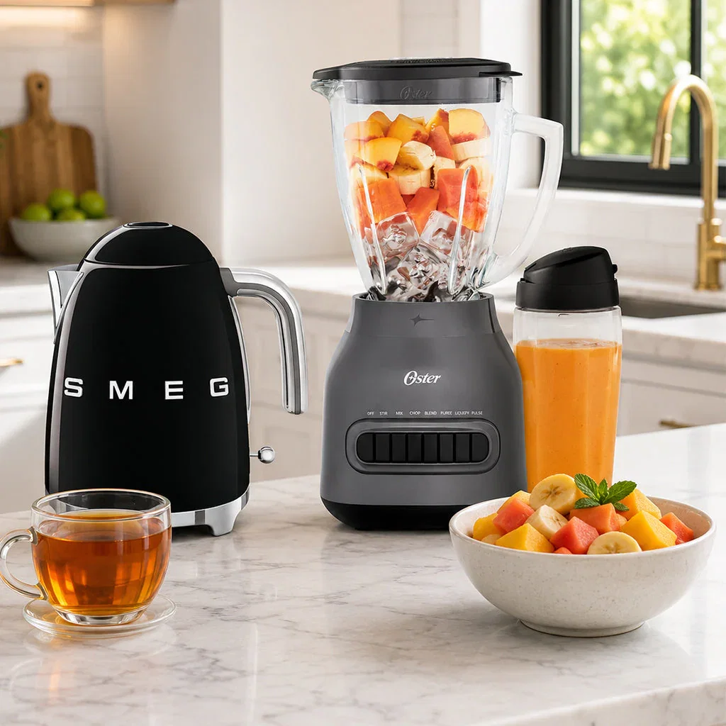 Modern kitchen appliances including a black SMEG kettle, Oster blender with fruit, and accessories on marble countertop.