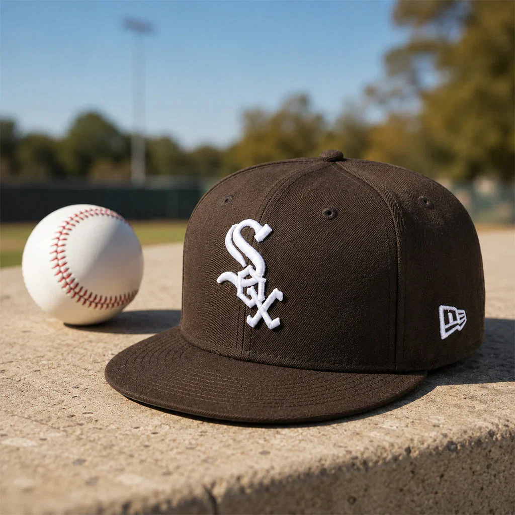 Chicago White Sox New Era cap and baseball on field at stadium