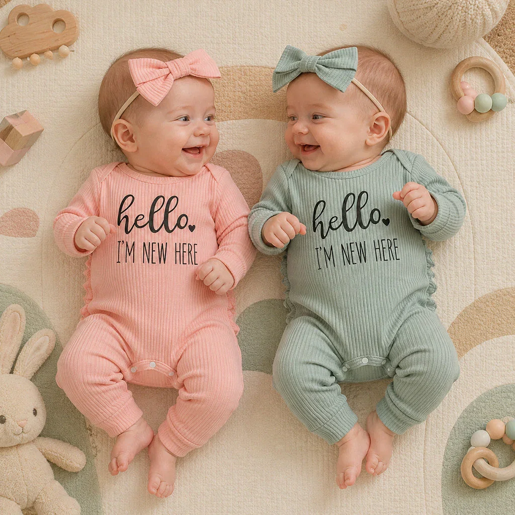 Two smiling babies in matching ribbed rompers with 