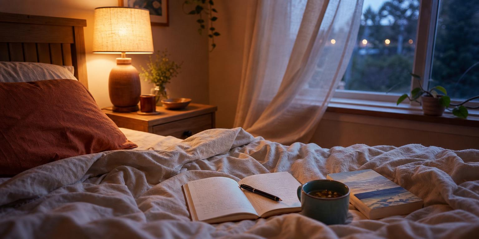 Cozy bedroom with warm lamp light, journal, herbal tea, and rumpled bed ready for a calm night routine