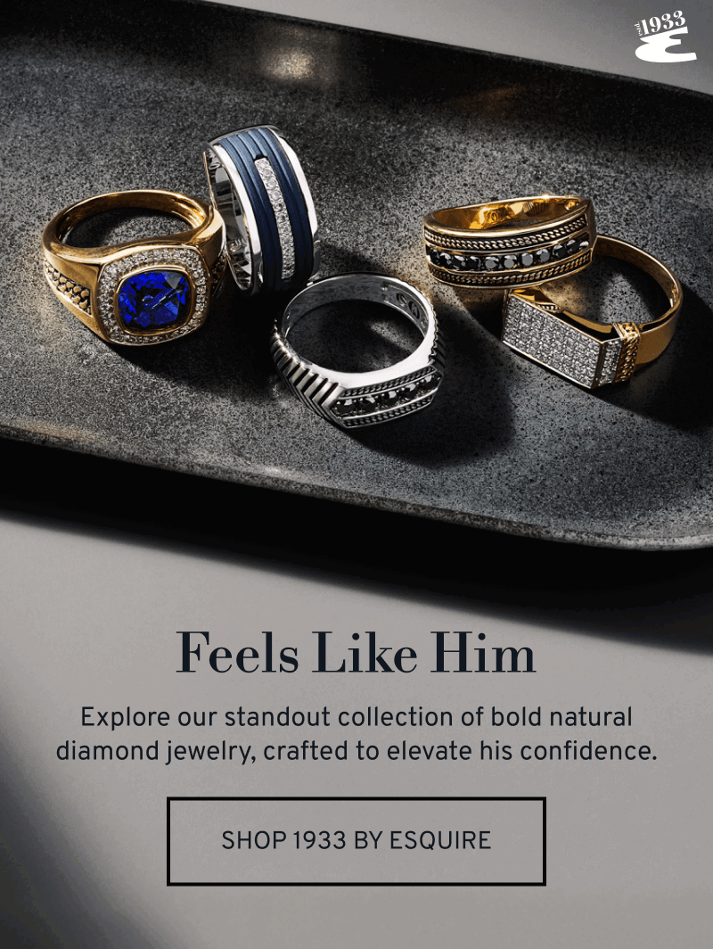 Men’s diamond rings in dish. Feels Like Him. Explore bold natural diamond jewelry. Click to Shop 1933 By Esquire