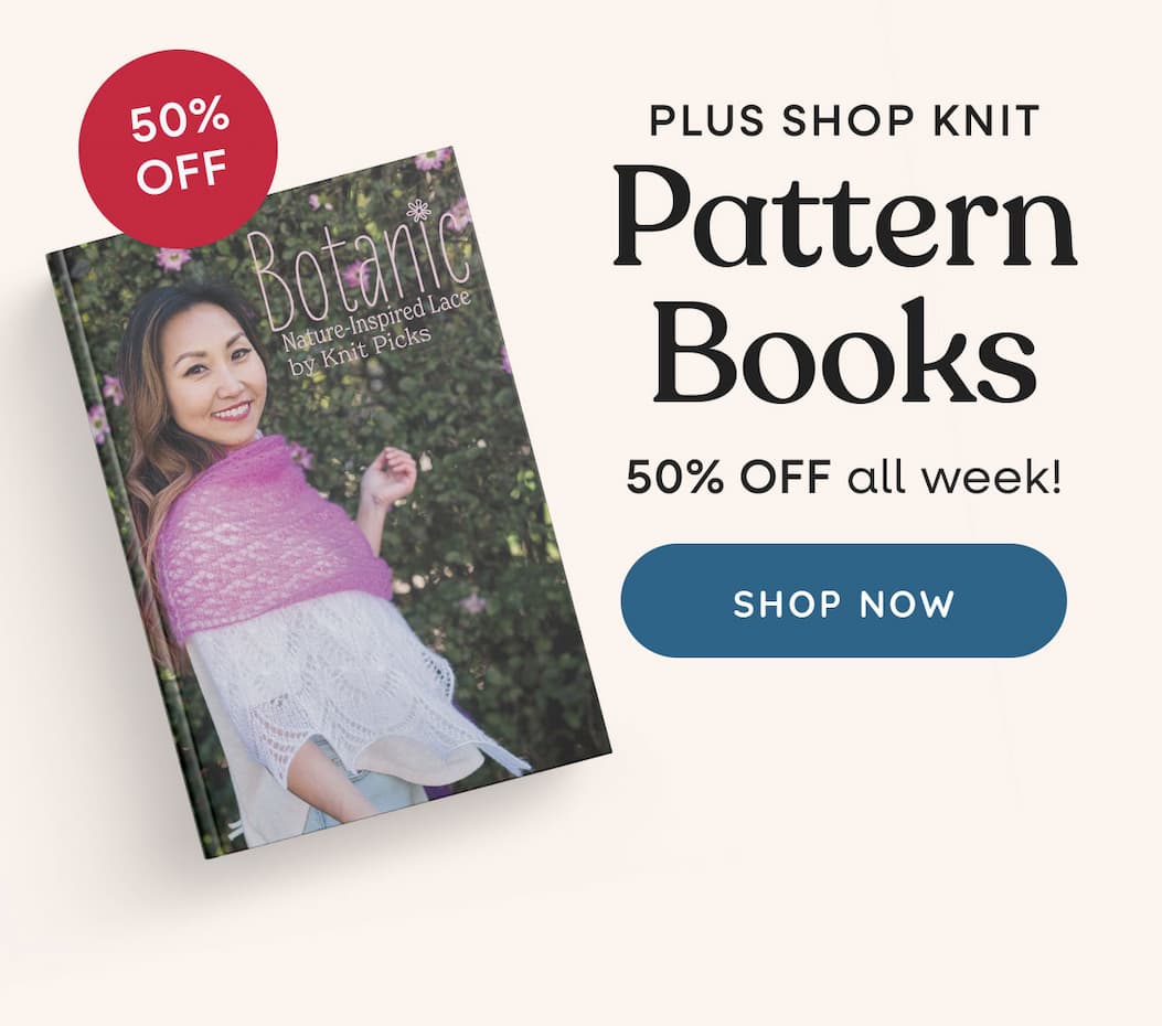 Image: A lace nature-inspired knitting book Text: 50% off. Plus shop knit pattern books. 50% off all week! Shop Now >>