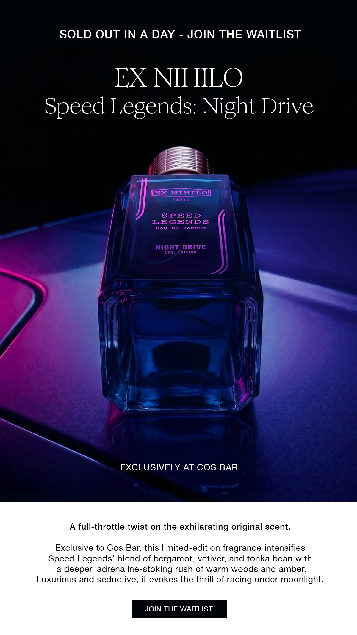 Ex Nihilo Speed Legends: Night Drive Eau de Parfum bottle illuminated by neon pink and blue lights against a dark nighttime backdrop. Limited-edition fragrance exclusive to Cos Bar.