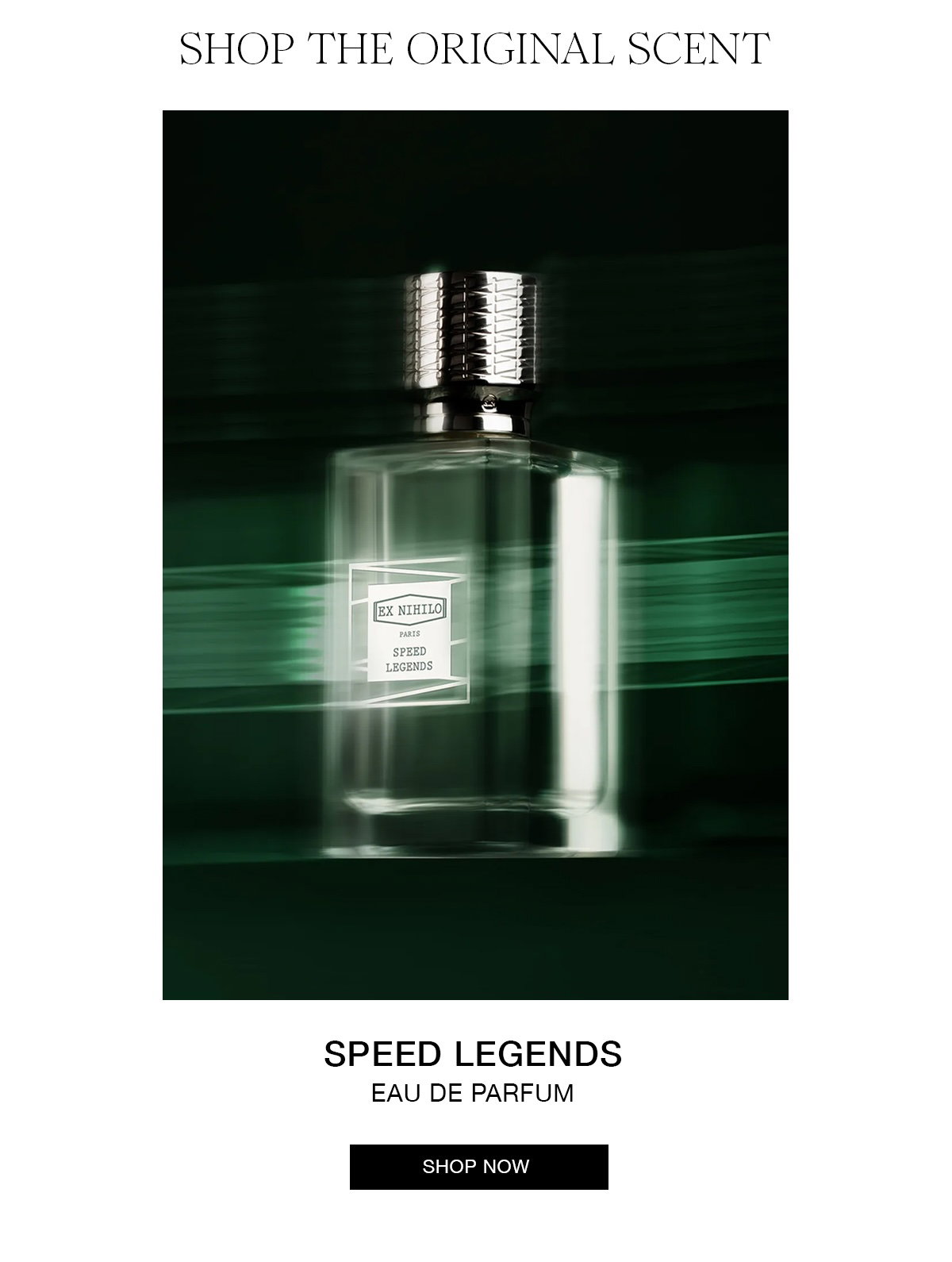 Ex Nihilo Speed Legends Eau de Parfum bottle with motion-blur effect and green light accents, showcasing the original Speed Legends fragrance.