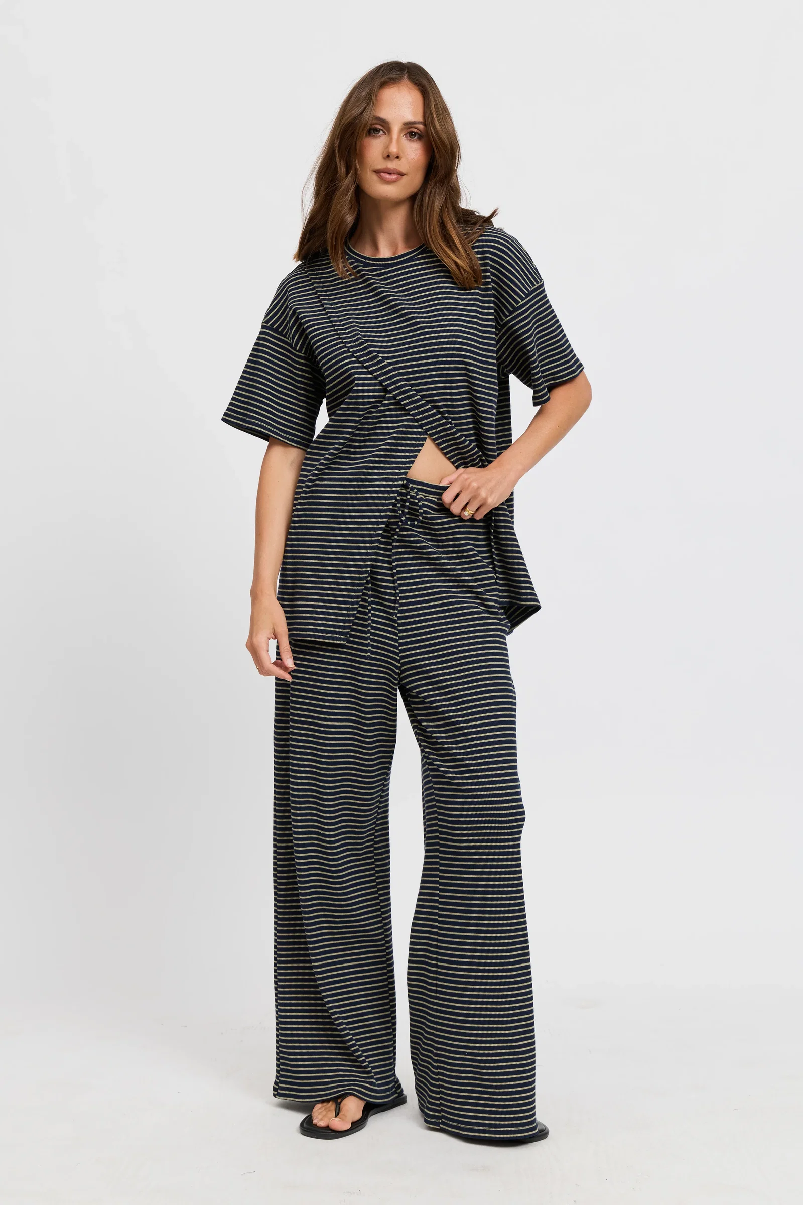 Image of Ivy Stripe Longline Wrap Tee - Navy / Khaki