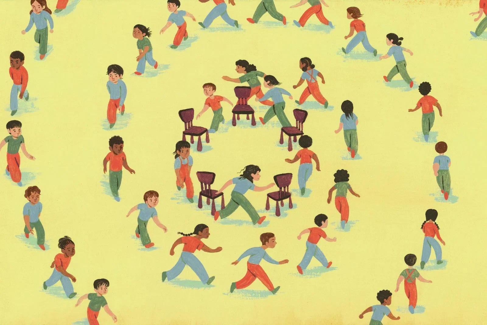 An illustration of children running around in circles | Celia Jacobs for Vox