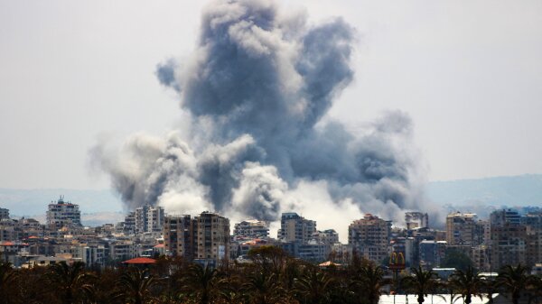 A plume of smoke rises following an Israeli airstrike on the outskirts of Tyre, southern Lebanon, on June 1.