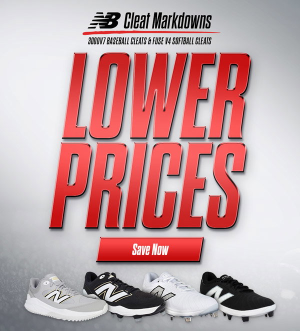 New Balance cleat markdowns. Lower prices on 3000V7 baseball cleats and Fuse V4 softball cleats.