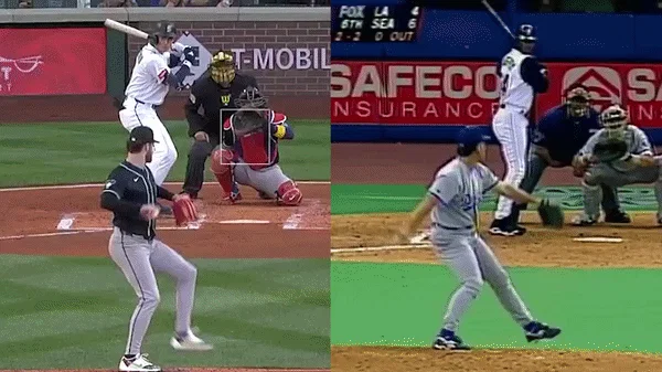 An animated GIF of Colt Emerson and Ken Griffey Jr.'s home run swings