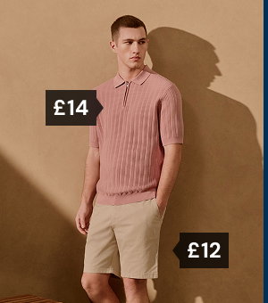 Man wearing zip polo £14 and chino shorts £12.