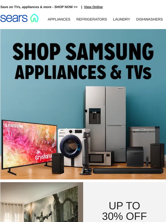 Back in stock! Get your home a Samsung glow! �� Appliances & TVs are up to 30% off! 📺✨