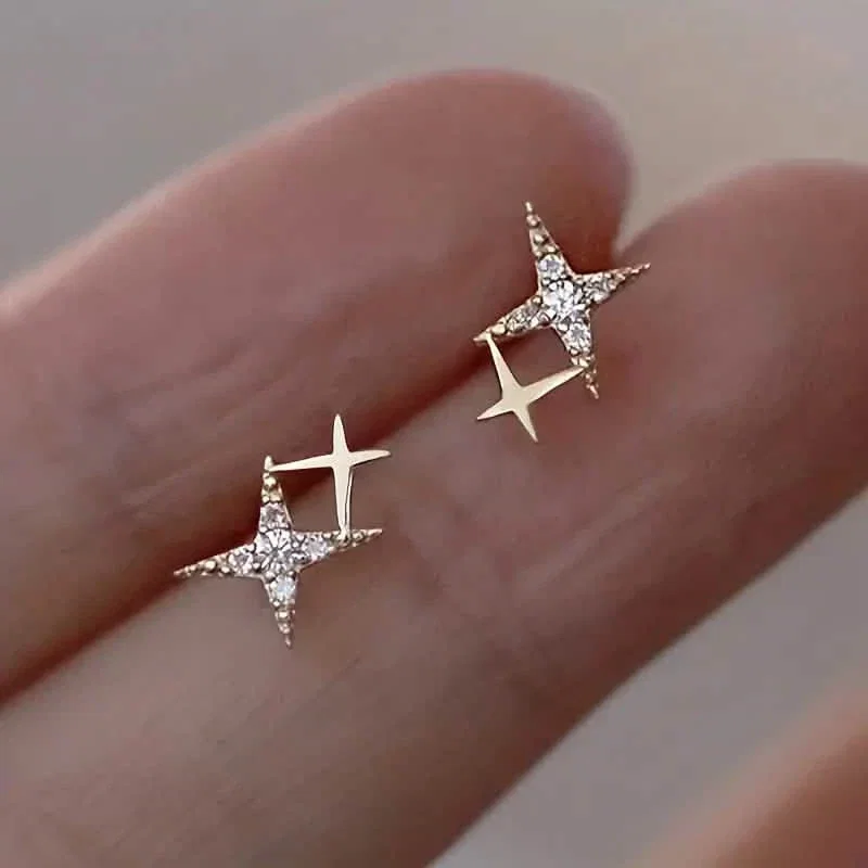 Image of Double Star Design Stud Earrings Inlaid Zirconia