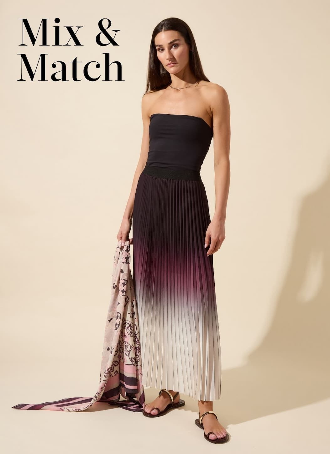 Fortunata Packable Pleated Chiffon Midi Skirt and Paolina Bandeau Top with Sheer Cotton Gauze Pareo