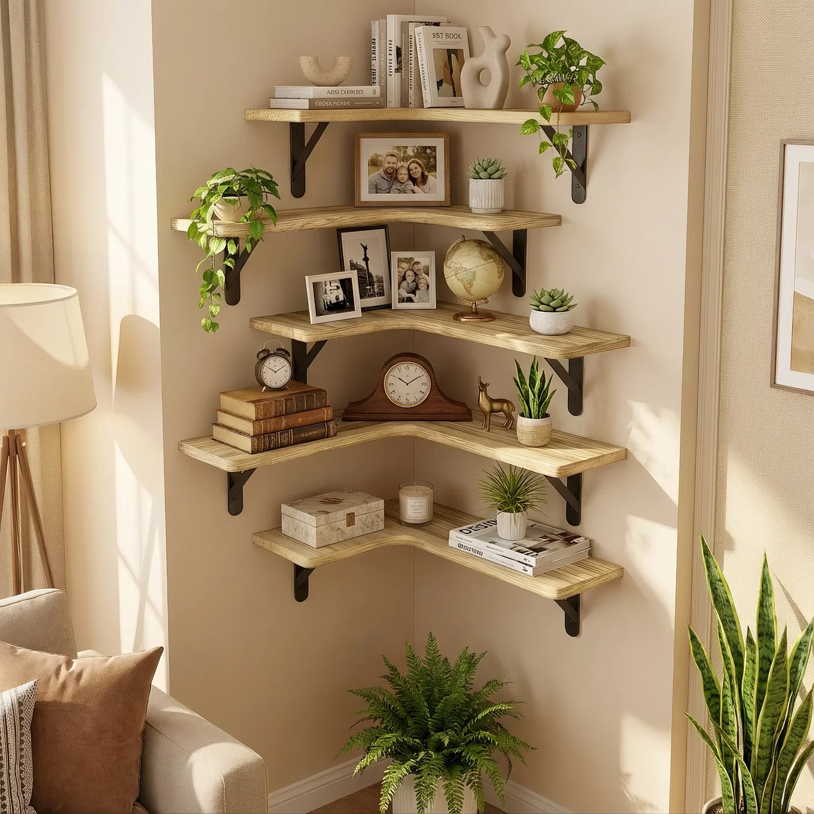 Image of Rustic Corner Floating Shelves Set of 5 – Wall Mounted Wood Shelves