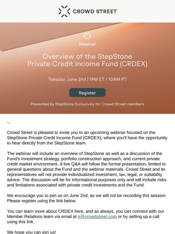 HAPPENING TOMORROW: StepStone Private Credit Income Fund (CRDEX) – Exclusive Webinar for Crowd Street Members