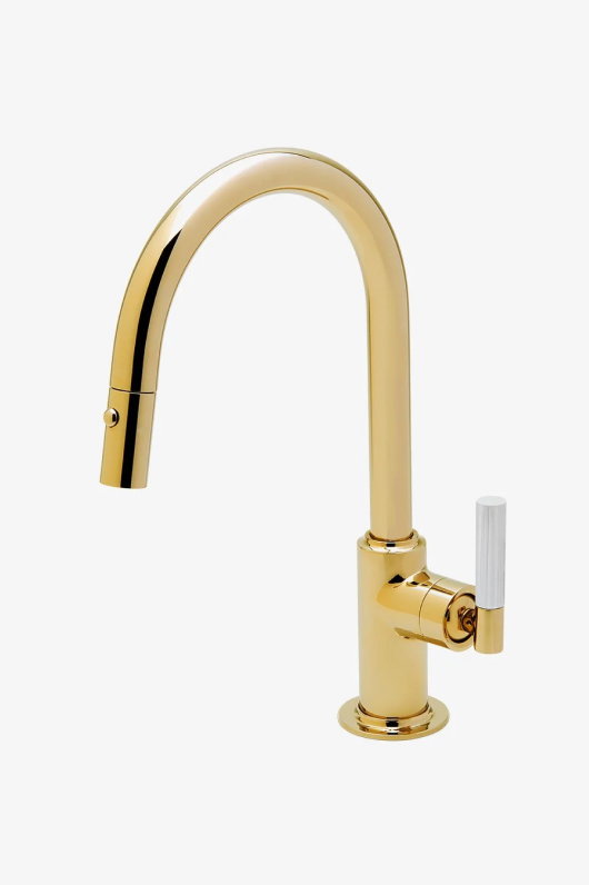 Bond Union Series One Hole Gooseneck Integrated Pull Spray Kitchen Faucet with Enamel Guilloche Lines Lever Handle