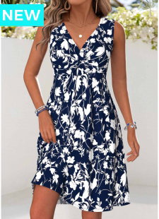 Navy Tummy Coverage Floral Print Short Sleeveless Dress