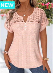 Light Pink Patchwork Short Sleeve Split Neck Blouse