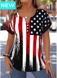 American Flag Black Tummy Coverage Short Sleeve Blouse