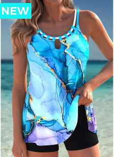 Tummy Coverage Graffiti Print Sky Blue Tankini Top