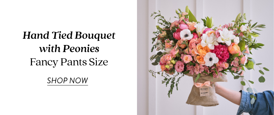 Product feature for the Hand Tied Bouquet with Peonies in Fancy Pants Size, showing a large, full burlap-wrapped bouquet with pink, coral, peach, white, and green flowers held out by someone in a blue sleeve. Text on the left reads “Hand Tied Bouquet with Peonies, Fancy Pants Size” with a “Shop Now” link.