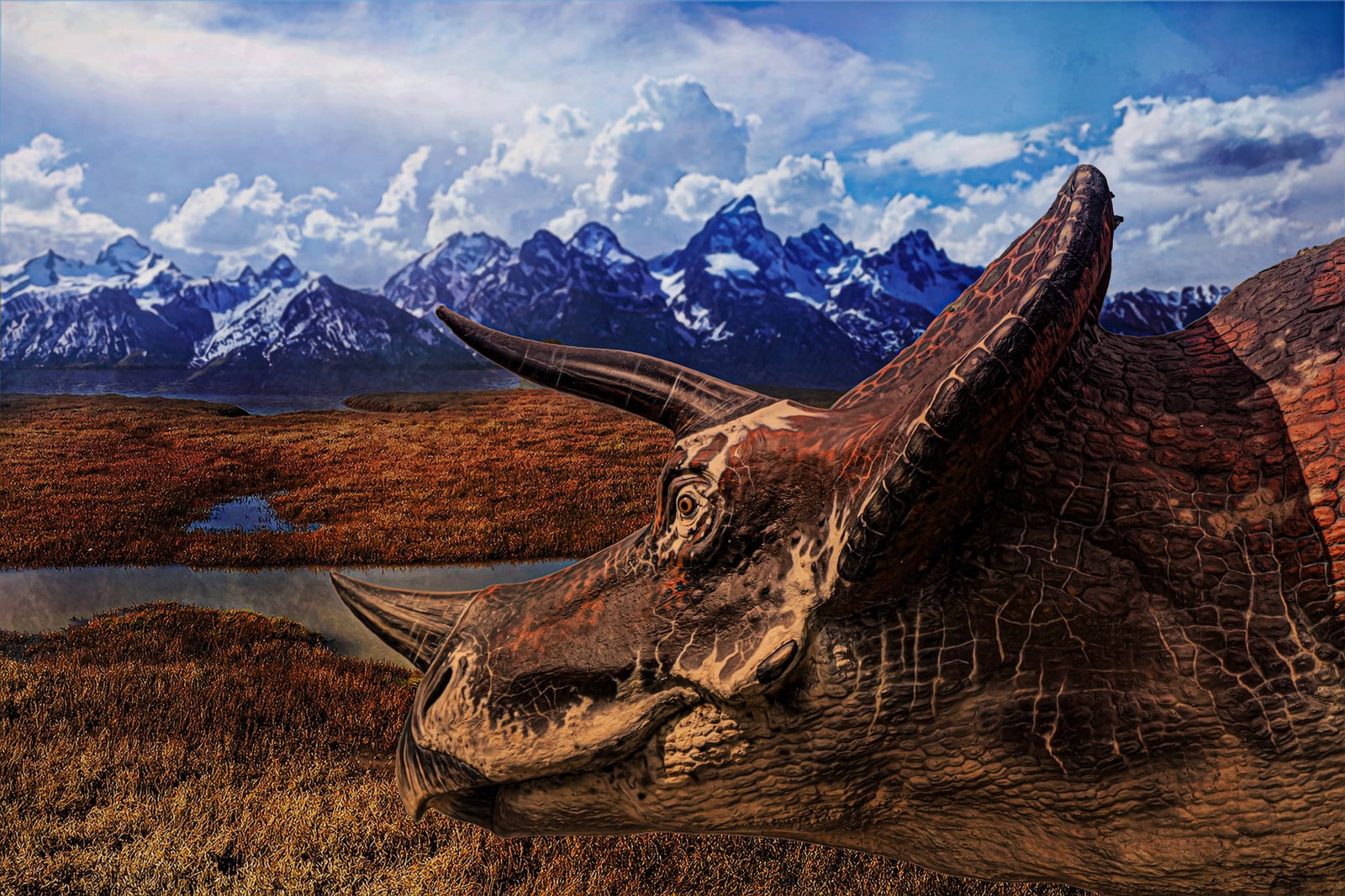 A scene of dinosaurs roaming a sunny prehistoric jungle