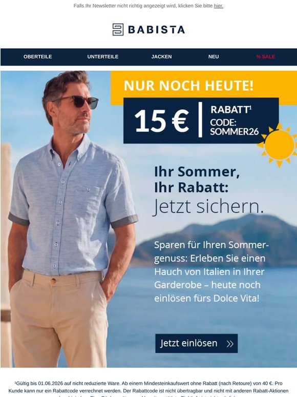 Nur noch heute: 15 € Sommerrabatt!