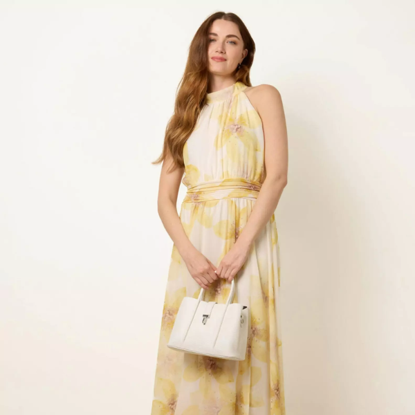 Blue Vanilla Floral Print Halter Neck Occasion Dress in Yellow