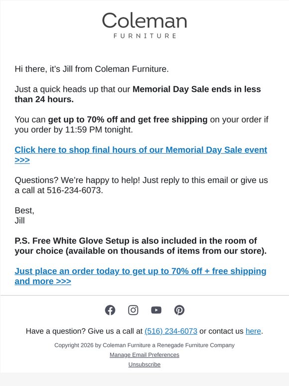 last chance for up to 70% off + free shipping