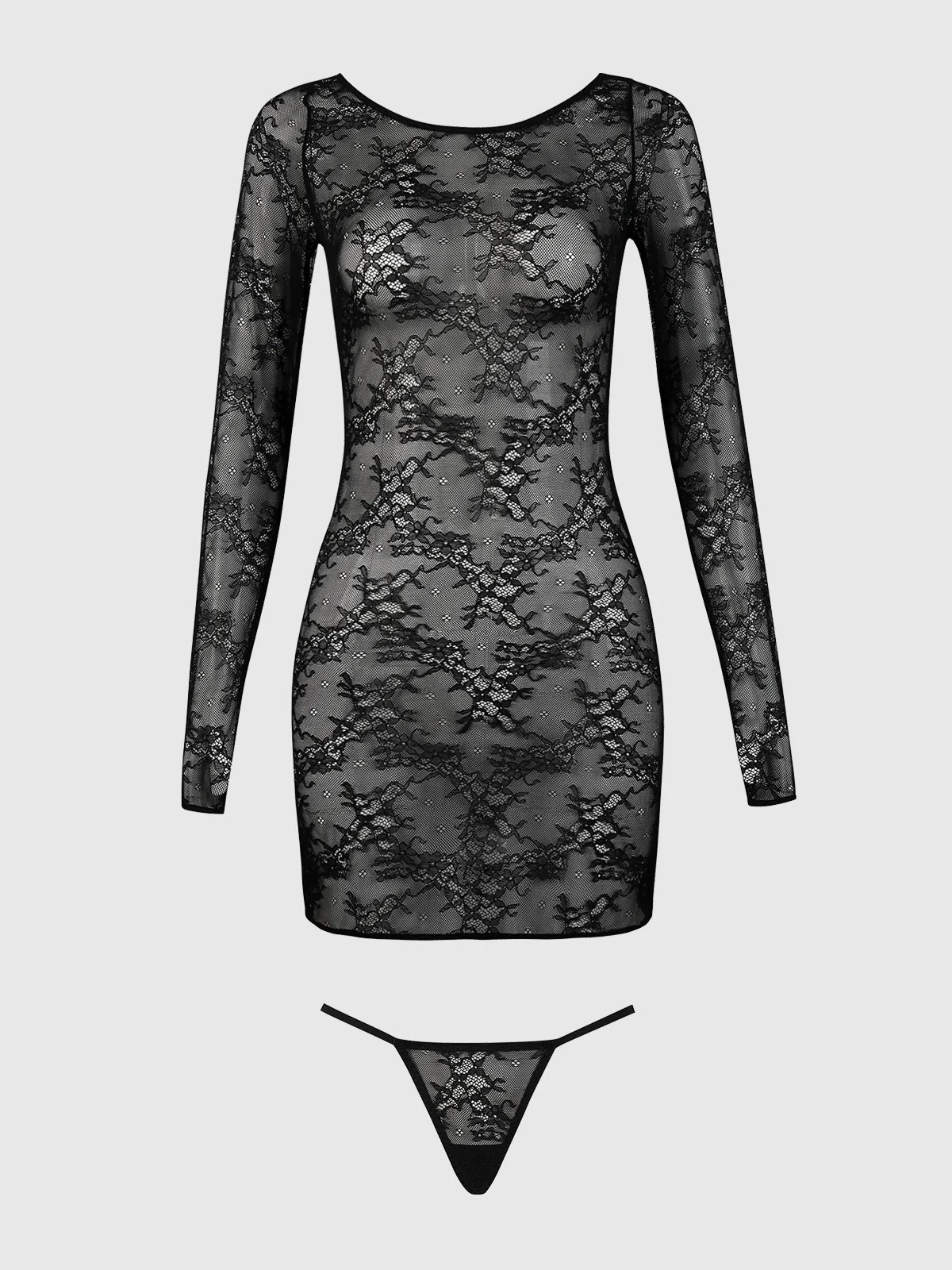 Pia Lace Long Sleeve Chemise Dress & G-String