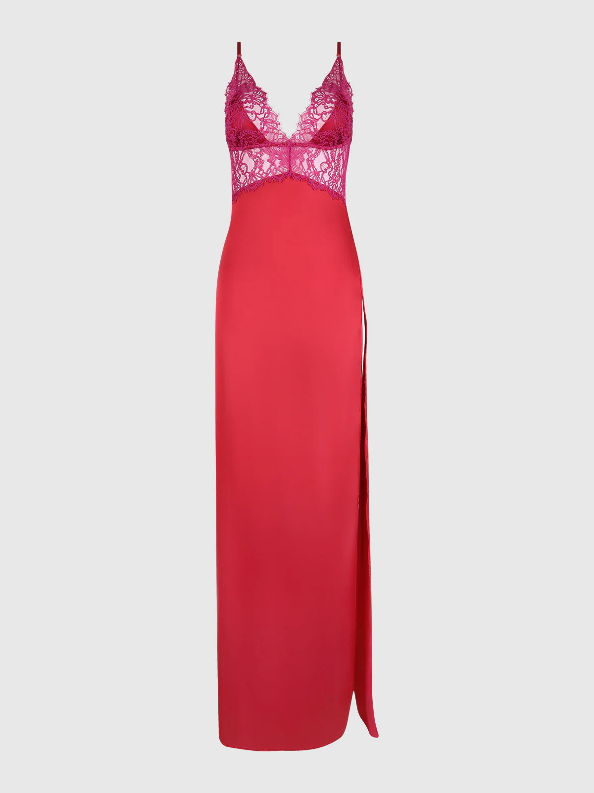 Rosalind Satin & Lace Long High Slit Gown