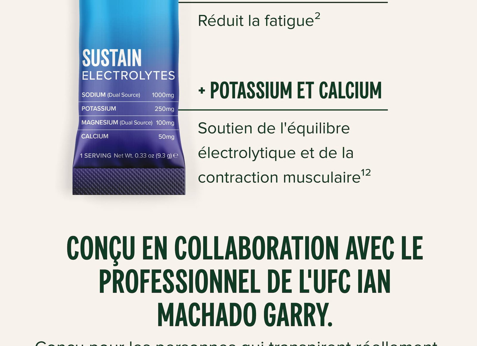 + Potassium et calcium Soutien de l'équilibre électrolytique et de la contraction musculaire¹² conçu en collaboration avec le professionnel de l'UFC Ian Machado Garry.