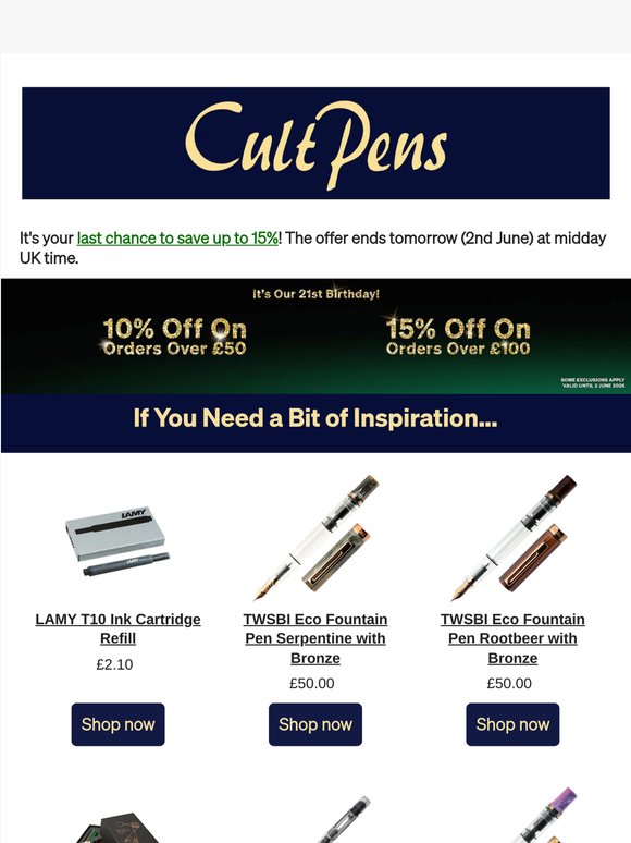 Your 15% off ends tomorrow