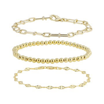 18k Yellow Gold Over Bronze Paperclip, Sunburst and Bead Bracelet Set of 3