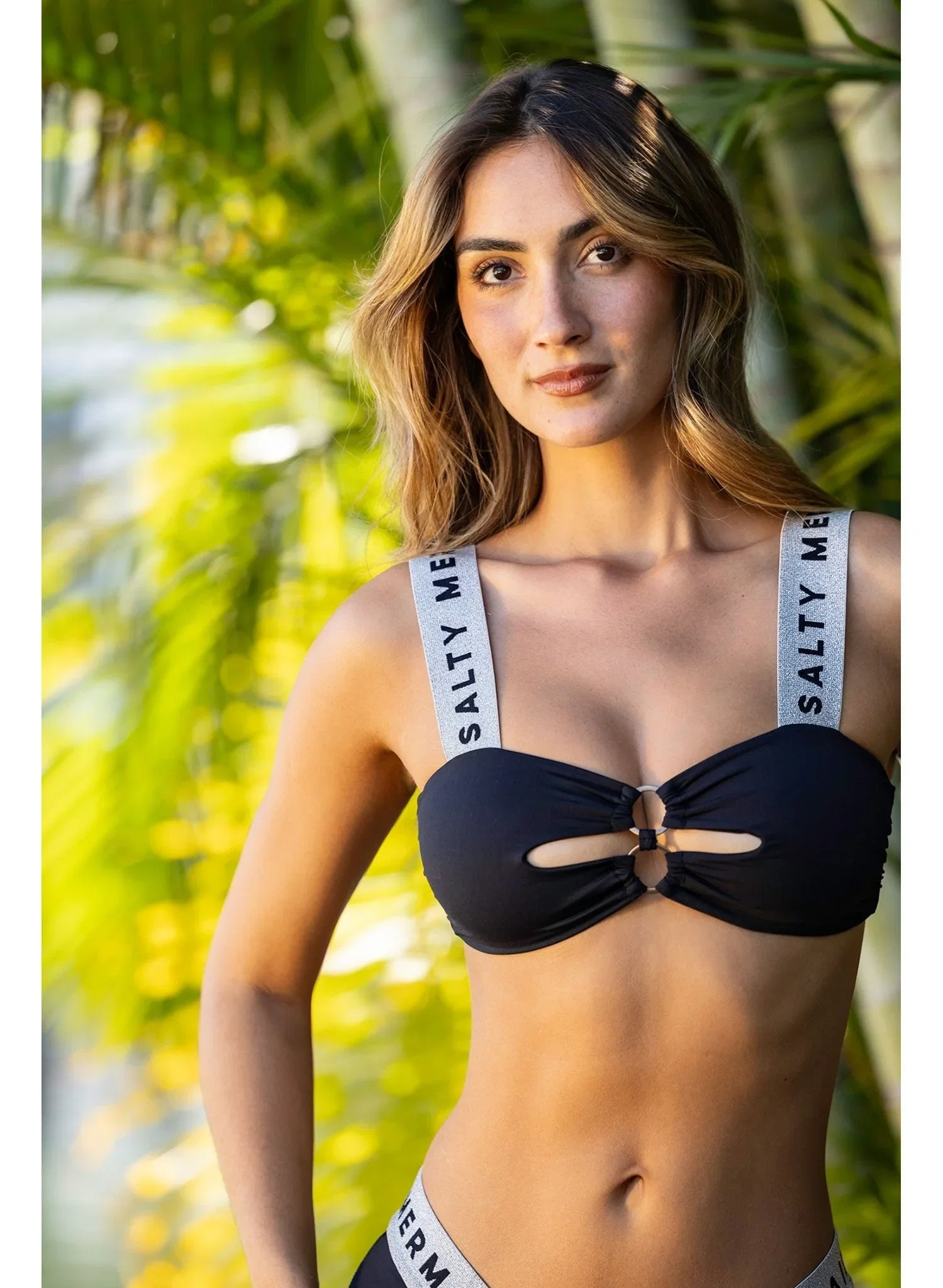 Image of Banded Bandeau Bikini Top - Birdie | My Private Jet Black / Silver