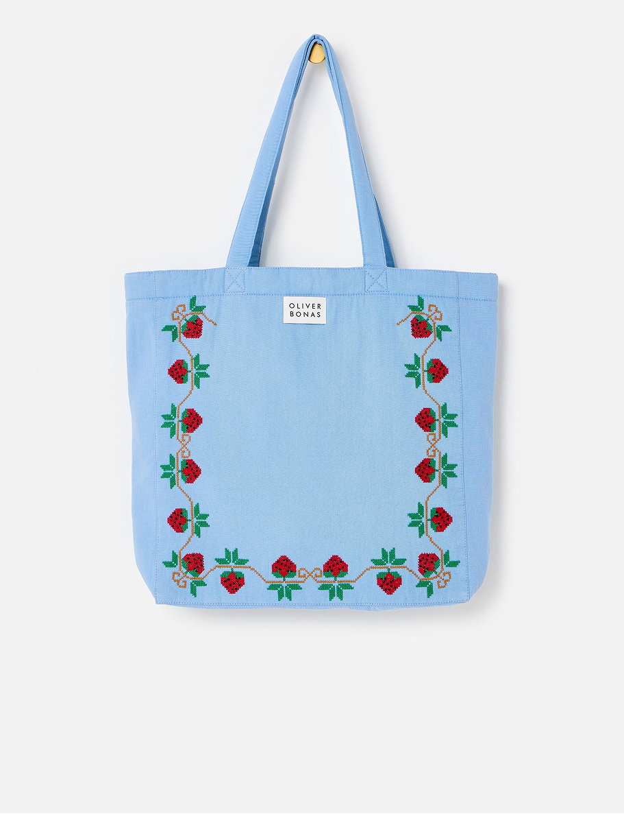 Light Blue Strawberry Cross Stitch Tote Shopper Bag