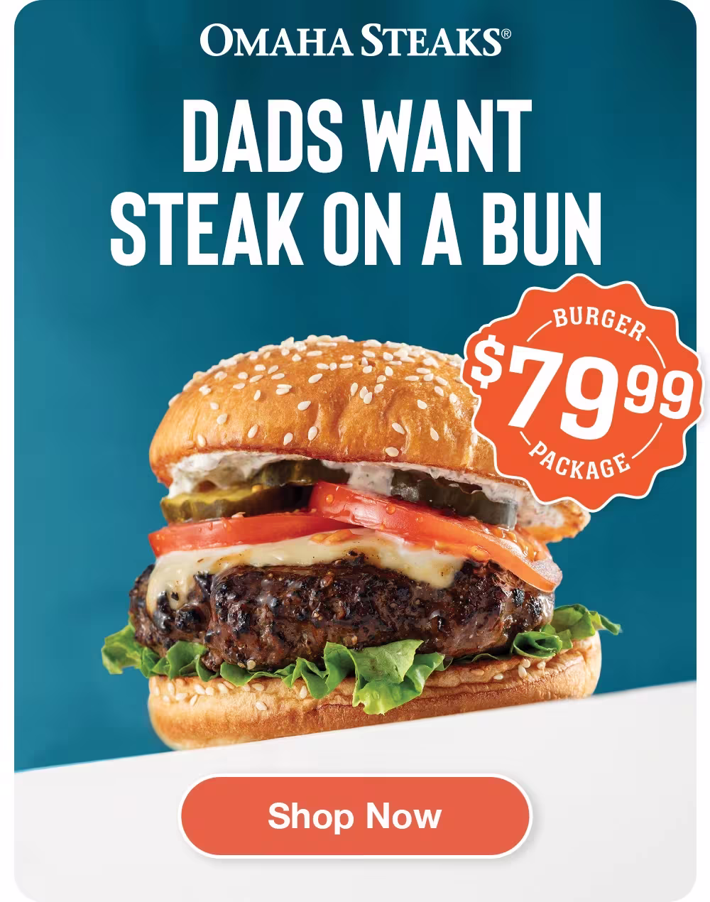 OMAHA STEAKS®

DADS WANT STEAK ON A BUN

BURGER
79.99
PACKAGE

SHOP NOW
