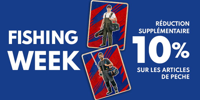 Promotional banner for Fishing Week showing two anglers with tackle bags and gear, extra 10% off fishing equipment