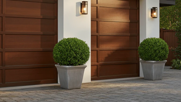 Two green velvet boxwoods in pots in front of large wooden garage doors on a modern home.