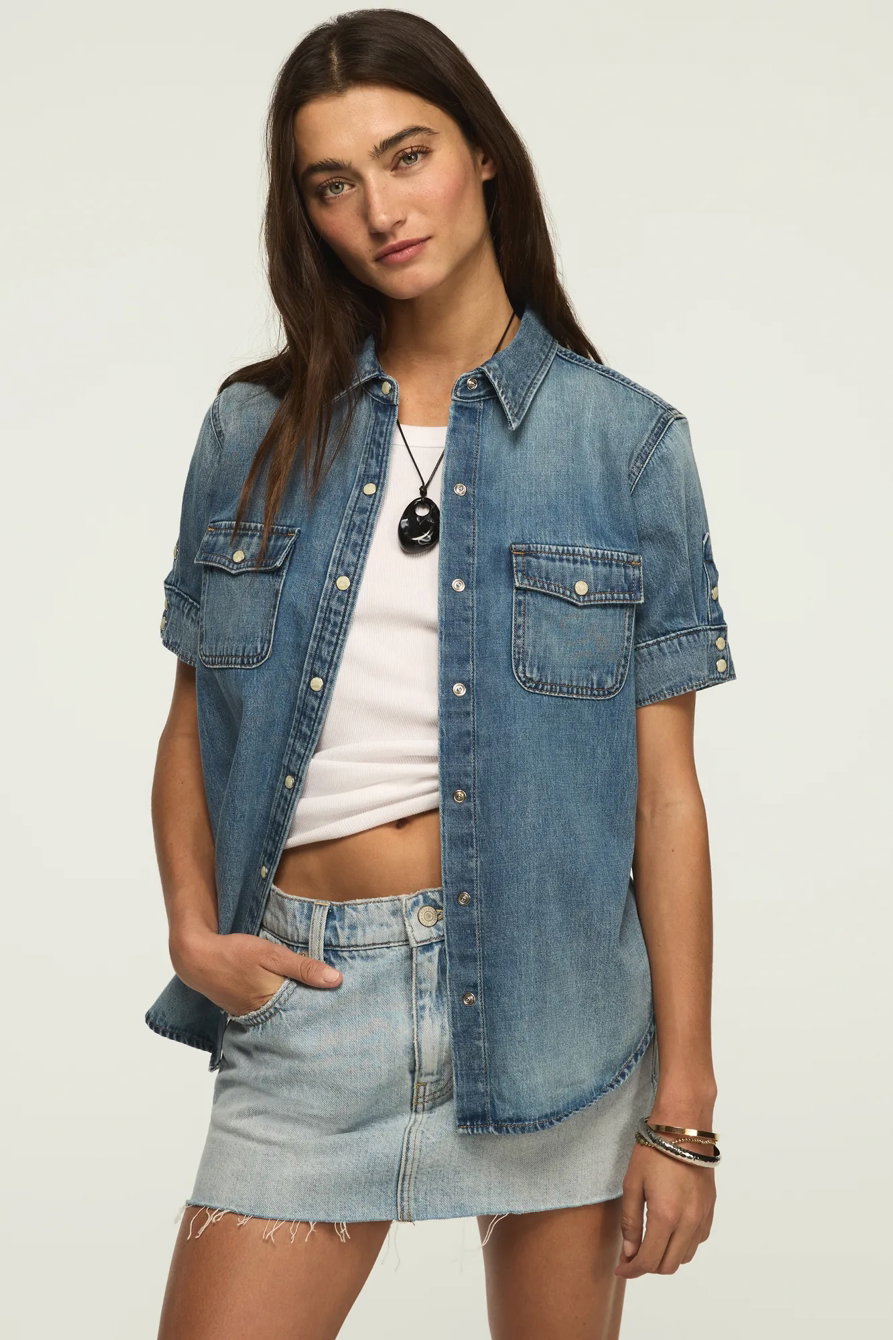 Image of Lucky Brand Short Sleeve Western Shirt - Women's Clothing Button Down Tops Shirts in Glammed Up Wash