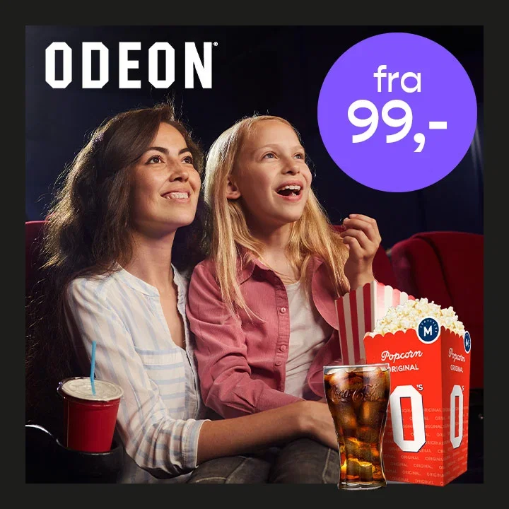 Kinobilletter hos ODEON, velg popcornmeny, hverdagsbillett, ordinær- eller gullbillett