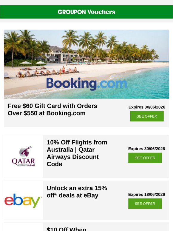 $60 gift card at Booking.com & Qatar Airways 10% off