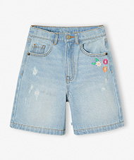 Bermuda jeans met geborduurde bloemen - lichtblauw