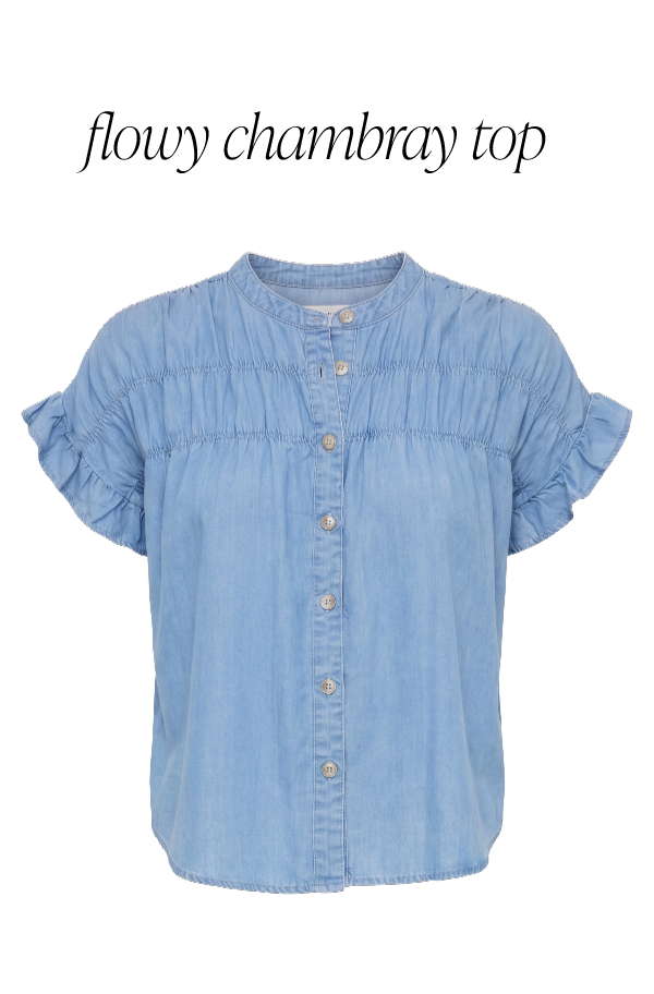 Short Sleeve Flutter Sleeve Chambray Ruched Button Down Shirt