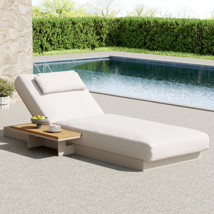 Tevara Teak & Aluminum Outdoor Lounger Chair Patio Furniture in Warm White Cushion