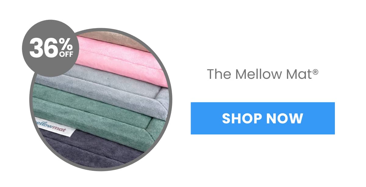 A close-up shot displays stacked mats in various colors including pink, grey, green, and dark grey, with a label that reads 'mellowmat' visible on one...