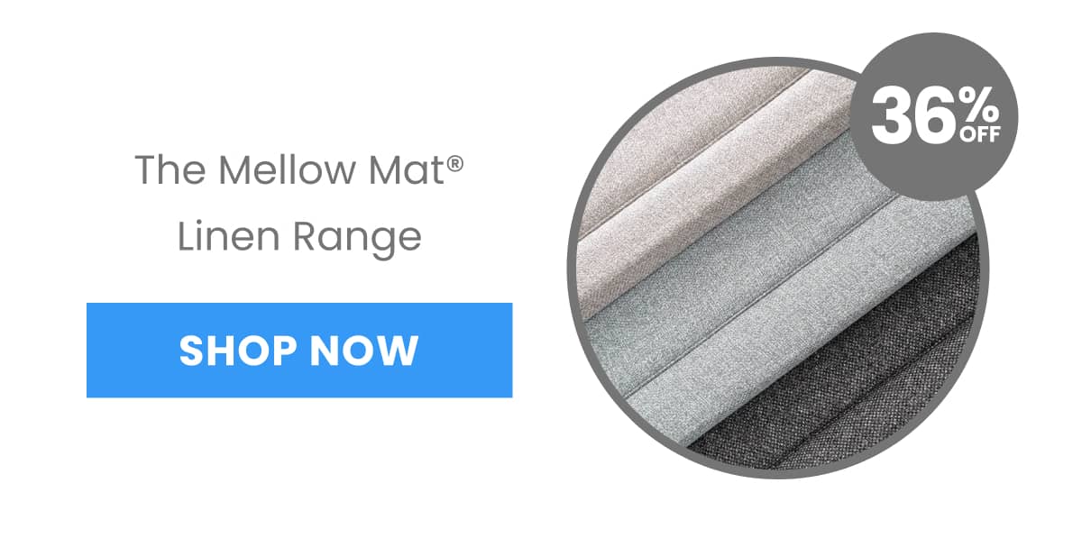 The Mellow Mat® Linen Range is advertised with a 'SHOP NOW' button and a circular graphic displaying swatches of grey linen fabric, with '36% OFF' tex...