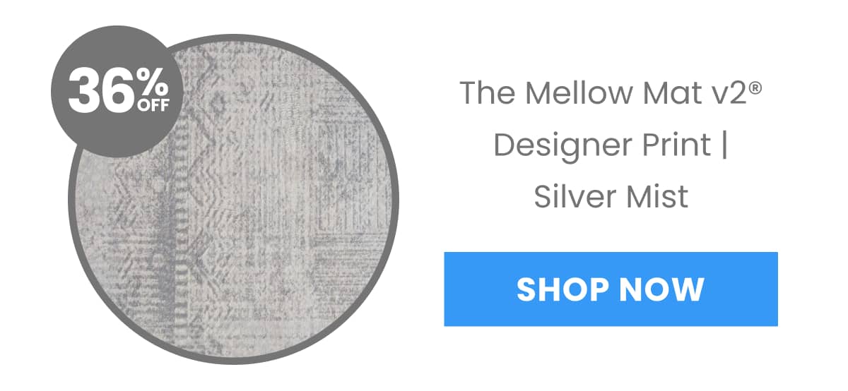 A close-up shot shows a circular swatch of a textured, grey rug with a geometric pattern, overlaid with a grey circle containing '36% OFF'. To the rig...